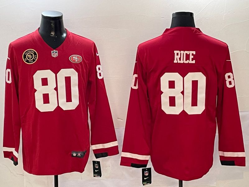 Men San Francisco 49ers 80 Rice Red long sleeve 2024 Nike NFL Jersey style 01042